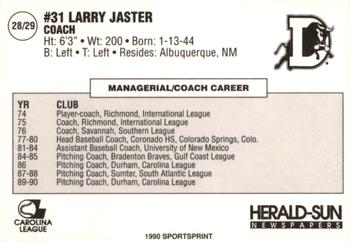 1990 Durham Bulls #28 Larry Jaster Back