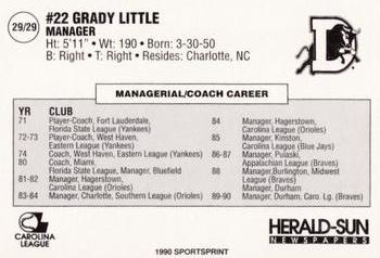 1990 Durham Bulls #29 Grady Little Back
