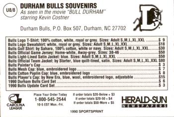 1990 Durham Bulls Update #8 Title Card Back