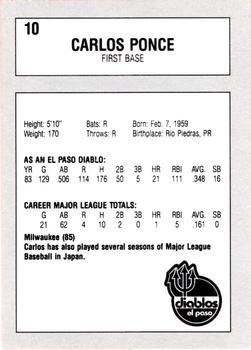 1990 El Paso Diablos All-Time Greats #10 Carlos Ponce Back