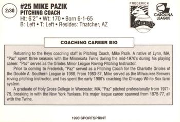 1990 SportsPrint Frederick Keys #2 Mike Pazik Back