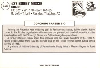 1990 SportsPrint Frederick Keys #3 Bobby Miscik Back