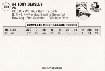 1990 SportsPrint Frederick Keys #4 Tony Beasley Back