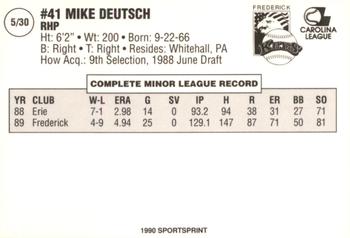 1990 SportsPrint Frederick Keys #5 Mike Deutsch Back