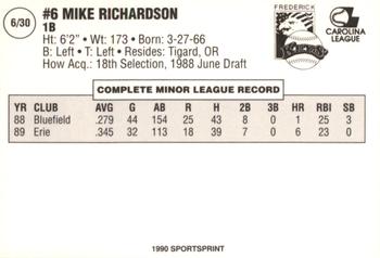 1990 SportsPrint Frederick Keys #6 Mike Richardson Back