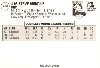 1990 SportsPrint Frederick Keys #7 Steve Mondile Back