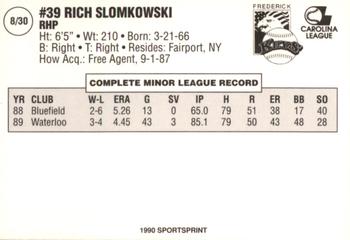 1990 SportsPrint Frederick Keys #8 Rich Slomkowski Back