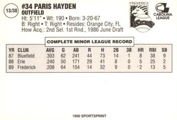 1990 SportsPrint Frederick Keys #13 Paris Hayden Back