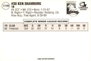 1990 SportsPrint Frederick Keys #17 Ken Shamburg Back