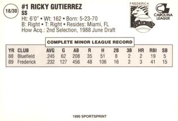 1990 SportsPrint Frederick Keys #18 Ricky Gutierrez Back