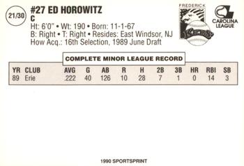 1990 SportsPrint Frederick Keys #21 Ed Horowitz Back