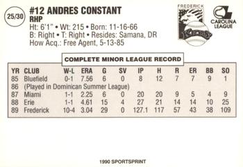 1990 SportsPrint Frederick Keys #25 Andres Constant Back