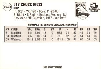 1990 SportsPrint Frederick Keys #26 Chuck Ricci Back
