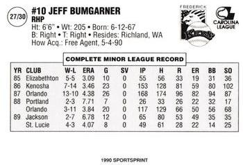 1990 SportsPrint Frederick Keys #27 Jeff Bumgarner Back