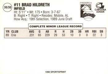 1990 SportsPrint Frederick Keys #30 Brad Hildreth Back