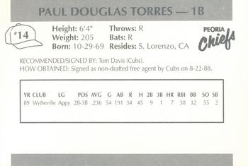 1990 Peoria Chiefs #14 Paul Torres Back