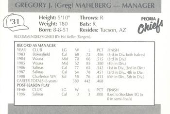 1990 Peoria Chiefs #31 Greg Mahlberg Back