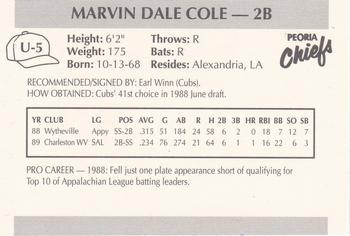 1990 Peoria Chiefs Update #U5 Marvin Cole Back