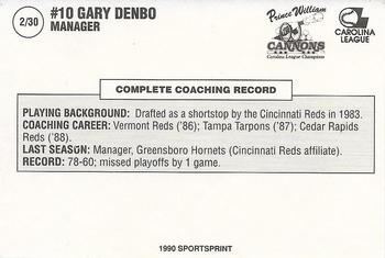1990 SportsPrint Prince William Cannons #2 Gary Denbo Back