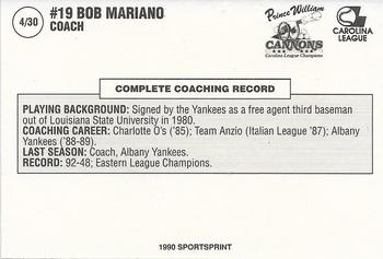 1990 SportsPrint Prince William Cannons #4 Bob Mariano Back