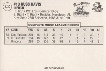 1990 SportsPrint Prince William Cannons #8 Russ Davis Back