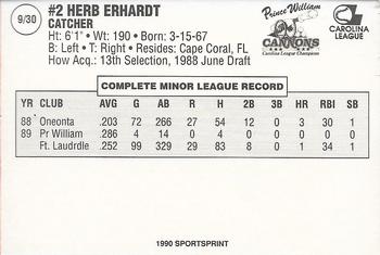 1990 SportsPrint Prince William Cannons #9 Herb Erhardt Back