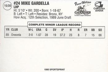 1990 SportsPrint Prince William Cannons #10 Mike Gardella Back