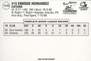 1990 SportsPrint Prince William Cannons #12 Enrique Hernandez Back