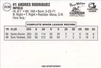 1990 SportsPrint Prince William Cannons #22 Andres Rodriguez Back