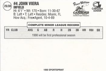 1990 SportsPrint Prince William Cannons #26 John Viera Back