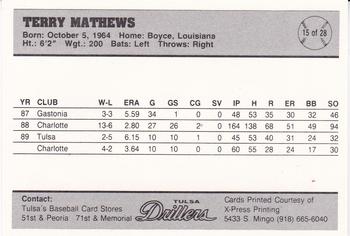 1990 Tulsa Drillers #15 Terry Mathews Back