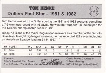 1990 Tulsa Drillers #28 Tom Henke  Back