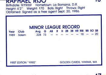 1990 Yakima Bears #13 Rafael Rijo Back