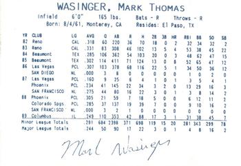 1990 Columbus Clippers #2 Mark Wasinger Back