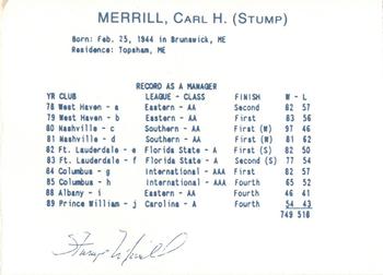 1990 Columbus Clippers #22 Stump Merrill Back