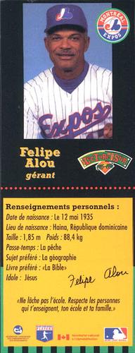 1995-96 Hit the Books Montreal Expos Bookmarks #NNO Felipe Alou Back
