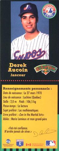 1995-96 Hit the Books Montreal Expos Bookmarks #NNO Derek Aucoin Back