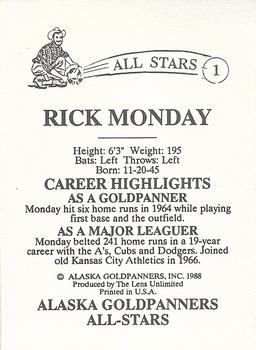 1988 Alaska Goldpanners All-Stars of the 1960s #1 Rick Monday Back
