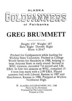 1988 Alaska Goldpanners #NNO Greg Brummett Back