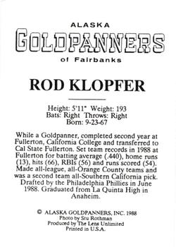 1988 Alaska Goldpanners #NNO Rod Klopfer Back