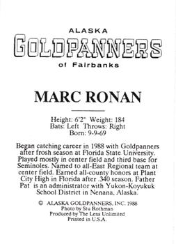 1988 Alaska Goldpanners #NNO Marc Ronan Back