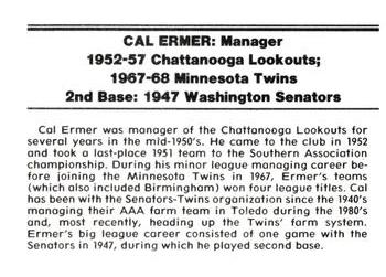 1988 Chattanooga Lookouts Legends #12 Cal Ermer Back