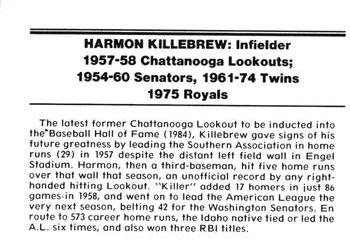 1988 Chattanooga Lookouts Legends #18 Harmon Killebrew Back