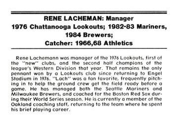 1988 Chattanooga Lookouts Legends #19 Rene Lachemann Back
