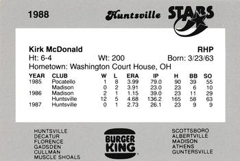 1988 Burger King Huntsville Stars #NNO Kirk McDonald Back
