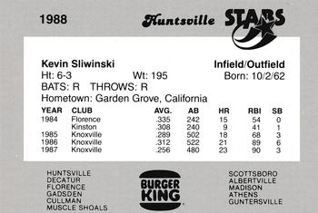 1988 Burger King Huntsville Stars #NNO Kevin Sliwinski Back