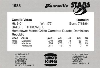 1988 Burger King Huntsville Stars #NNO Camilo Veras Back