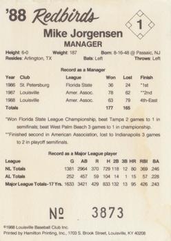 1988 Louisville Redbirds #1 Mike Jorgensen Back