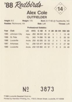 1988 Louisville Redbirds #14 Alex Cole Back