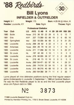 1988 Louisville Redbirds #30 Bill Lyons Back